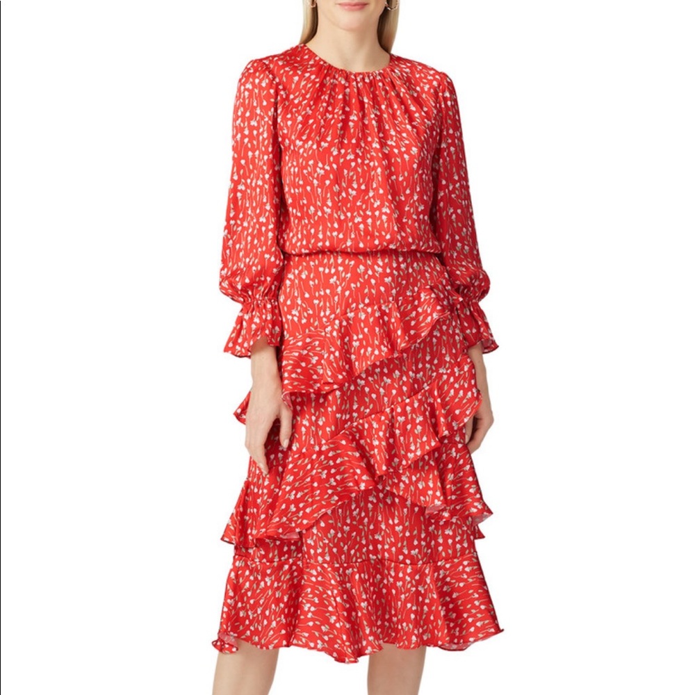 Monique Lhuillier Ruffled Skirt Day Dress, Red, Midi, 10